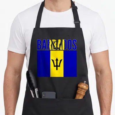 Barbadian country apron - BARBADOS text above blue yellow black flag with trident symbol — shown on a black cotton canvas apron against a white background
