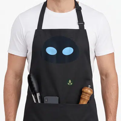 Wall face apron - Minimalist dark grey robot mask with two light blue oval eyes and a small green leaf symbol below — shown on a black cotton canvas apron against a white background