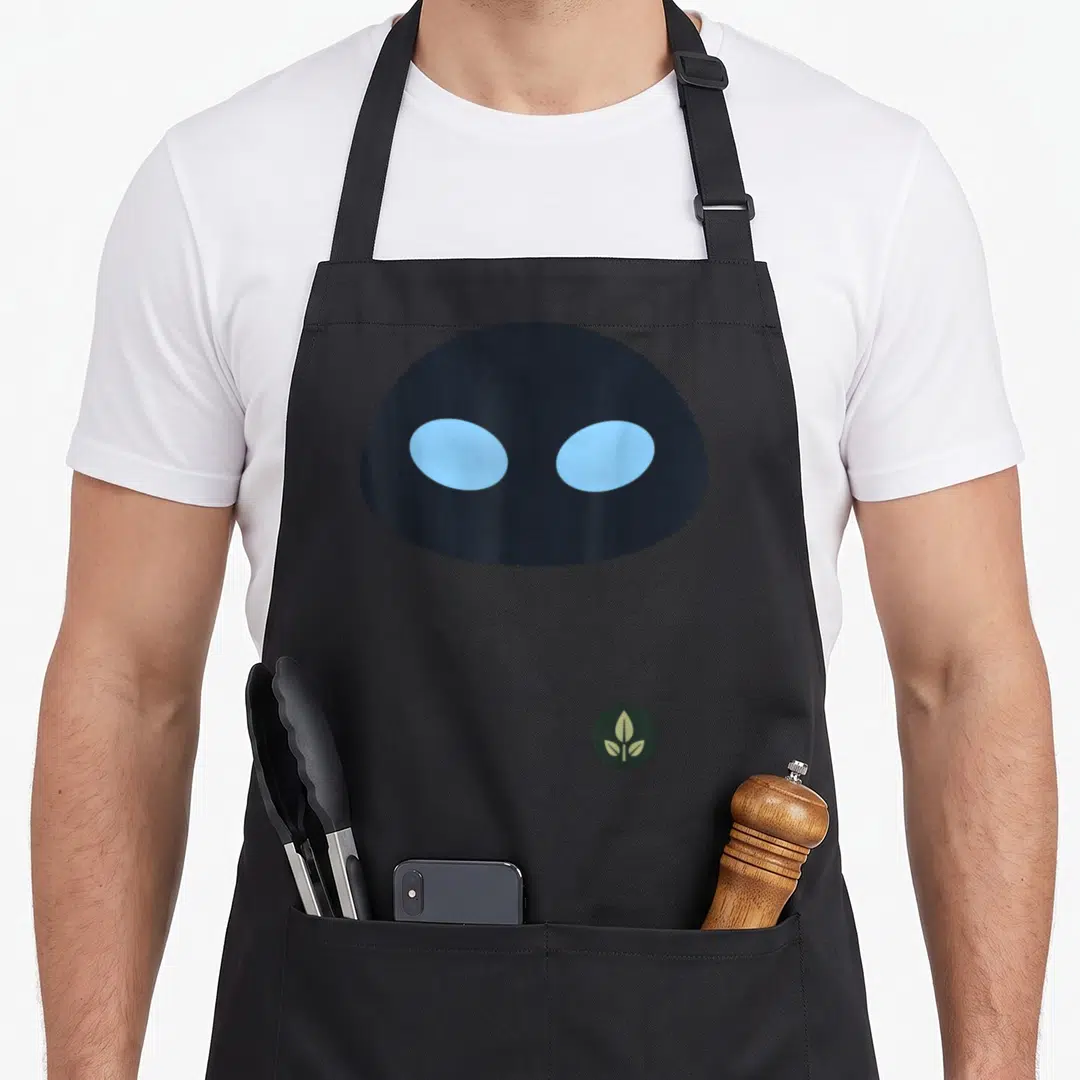 Wall face apron - Minimalist dark grey robot mask with two light blue oval eyes and a small green leaf symbol below — shown on a black cotton canvas apron against a white background