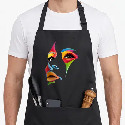 Abstract colorful apron - Scattered cartoon face with red blue yellow green orange eyes lips nose no outline — shown on a black cotton canvas apron against a white background