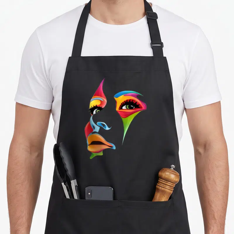 Abstract colorful apron - Scattered cartoon face with red blue yellow green orange eyes lips nose no outline — shown on a black cotton canvas apron against a white background