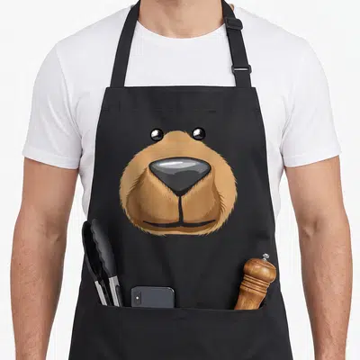 Face teddy bear apron - Cartoon brown bear face with black nose and eyes on a black background — shown on a black cotton canvas apron against a white background
