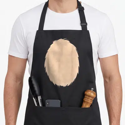 Deer belly apron - Minimalist beige furry oval print centered on black bib apron — shown on a black cotton canvas apron against a white background