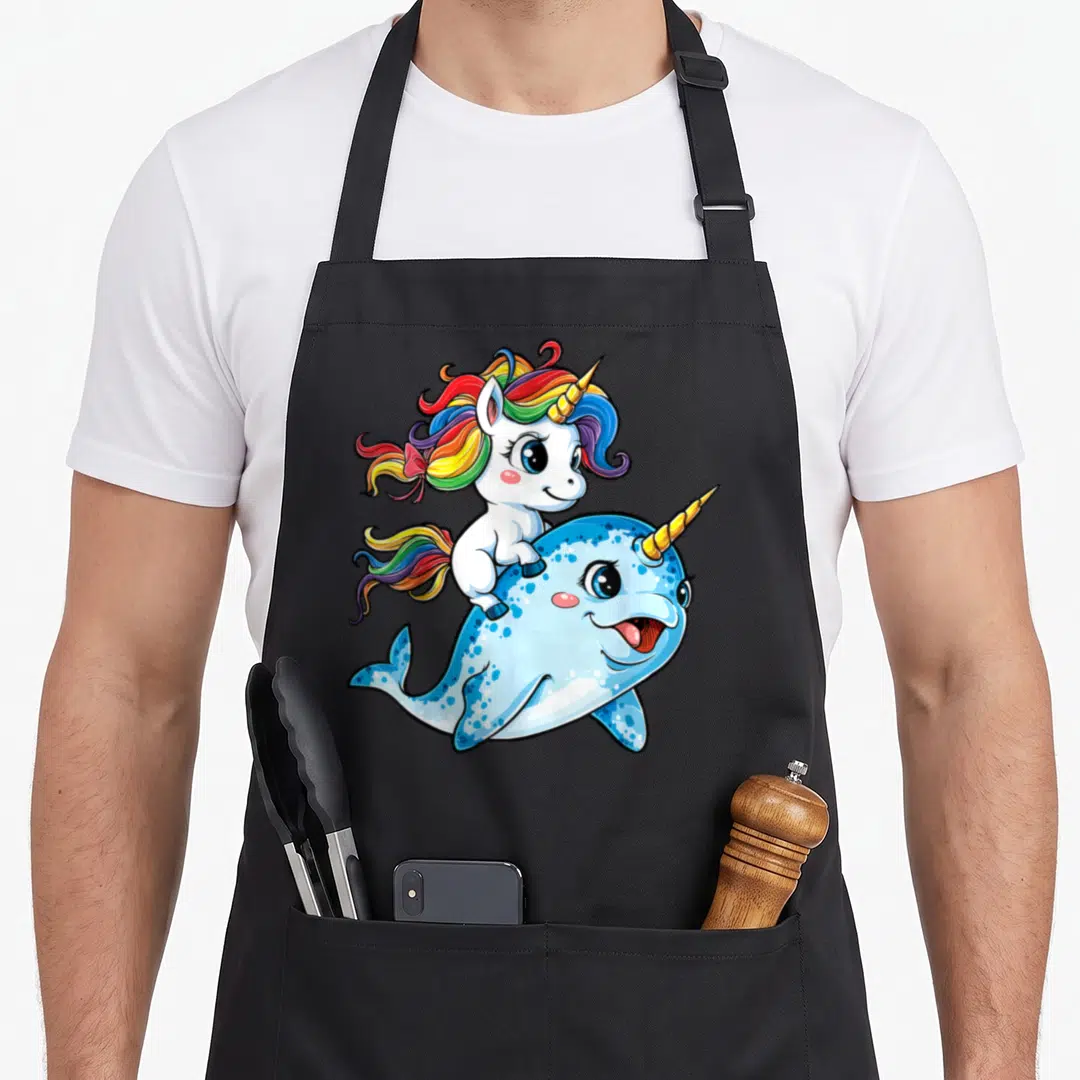 Narwhal rainbow apron - White unicorn with rainbow mane sitting on blue spotted narwhal — shown on a black cotton canvas apron against a white background