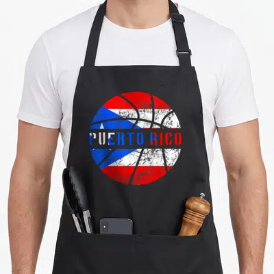 Rico rican pride apron - Distressed basketball filled with red white and blue Puerto Rican flag colors and text — shown on a black cotton canvas apron against a white background