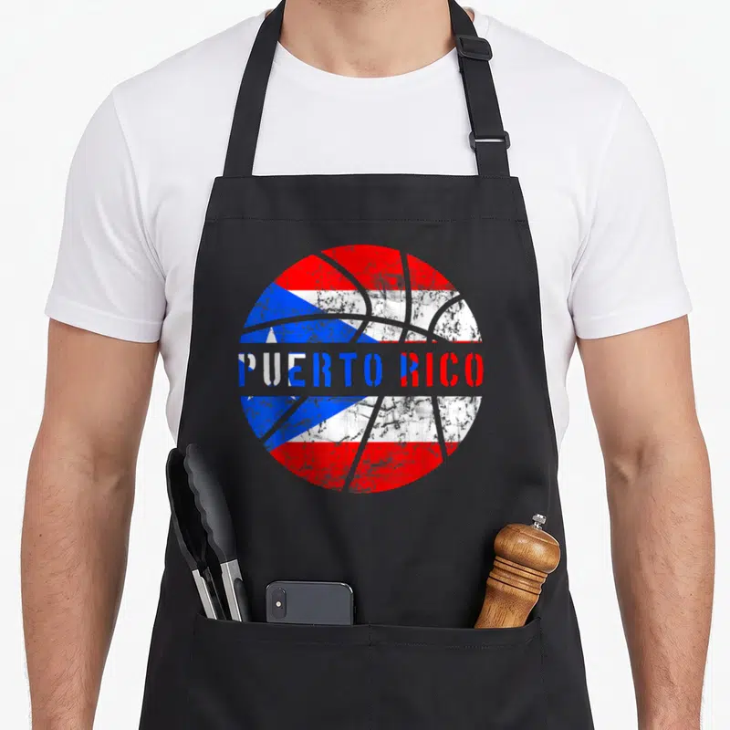 Rico rican pride apron - Distressed basketball filled with red white and blue Puerto Rican flag colors and text — shown on a black cotton canvas apron against a white background