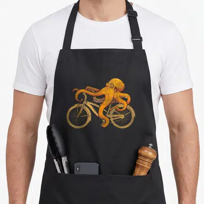 Octopus bicycle apron - Orange cartoon octopus with tentacles wrapped around an orange bicycle frame — shown on a black cotton canvas apron against a white background