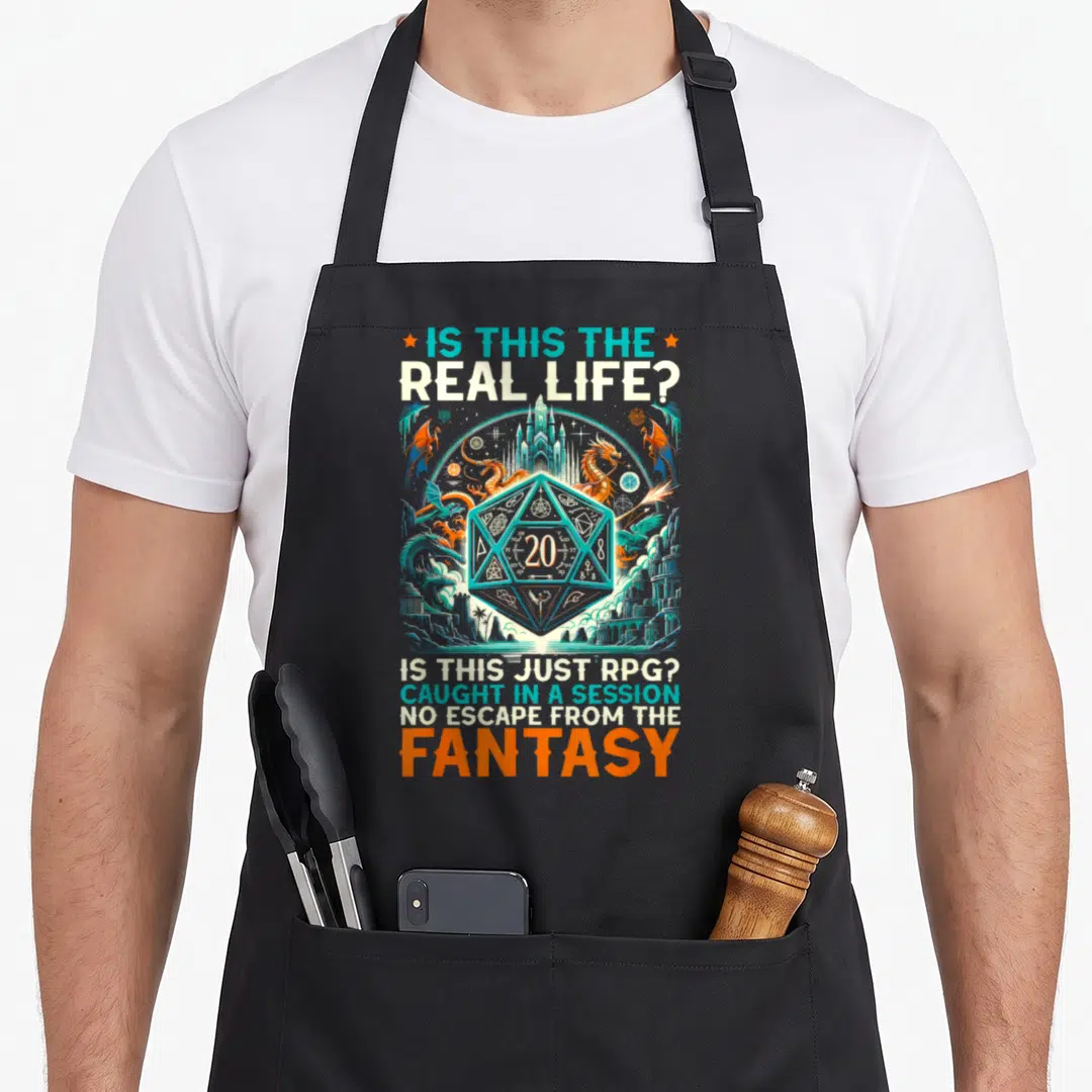 Role master apron - Teal D20 die surrounded by orange dragons and castle with fantasy RPG text — shown on a black cotton canvas apron against a white background