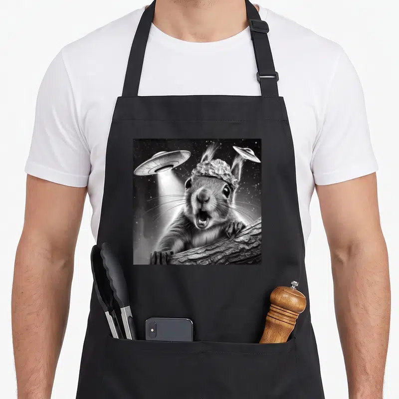 Alien squirrel aprons - Black and white photo of a shocked squirrel in a tinfoil hat on a branch with two UFOs — shown on a black cotton canvas apron against a white background