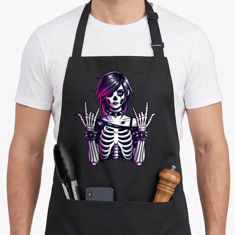Grunge goth apron - Cartoon skeleton girl with face paint making rock hand signs in black and pink — shown on a black cotton canvas apron against a white background