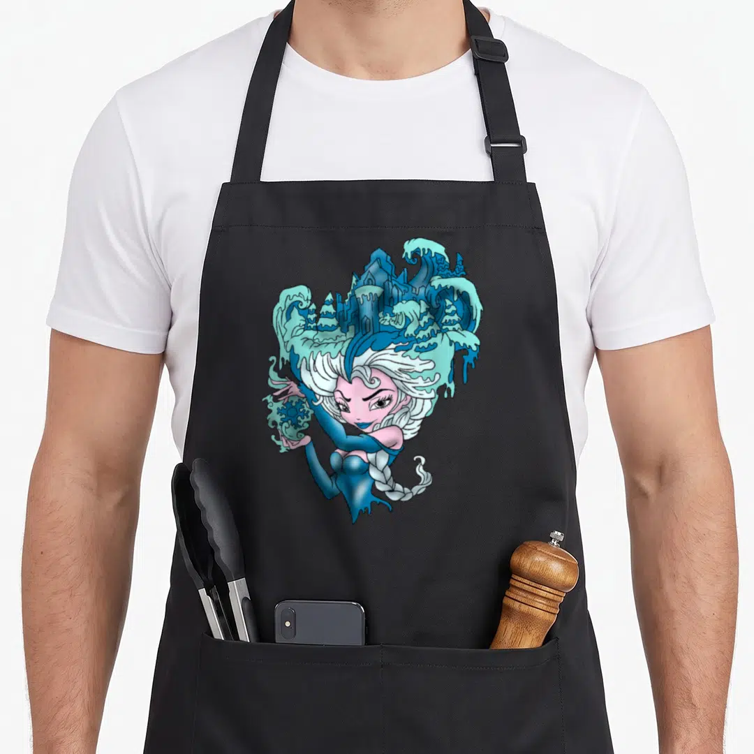 Ice cartoon apron - Cartoon woman with blue ice castle hair holding a snowflake in pink and white tones — shown on a black cotton canvas apron against a white background