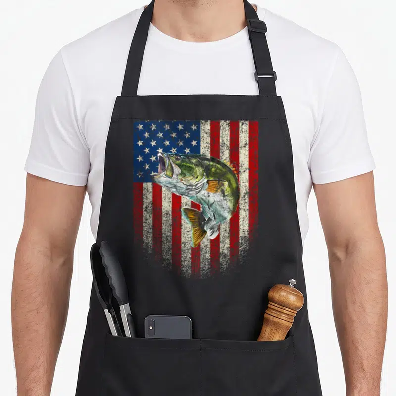 Onback american flag apron - Distressed bass fish leaping over red white and blue stars and stripes background — shown on a black cotton canvas apron against a white background
