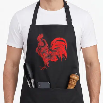 Cocky rooster apron - Red line-art rooster illustration standing in profile on a black background — shown on a black cotton canvas apron against a white background
