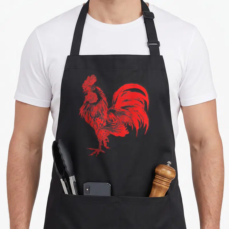 Cocky rooster apron - Red line-art rooster illustration standing in profile on a black background — shown on a black cotton canvas apron against a white background