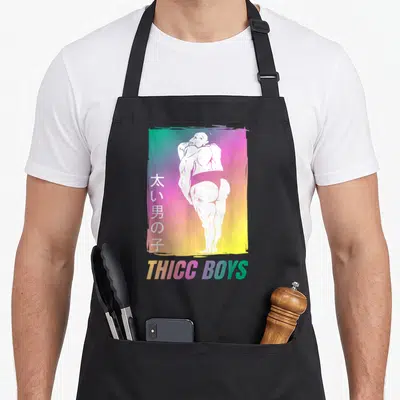 Thicc anime apron - THICC BOYS text and sumo man silhouette on gradient background — shown on a black cotton canvas apron against a white background