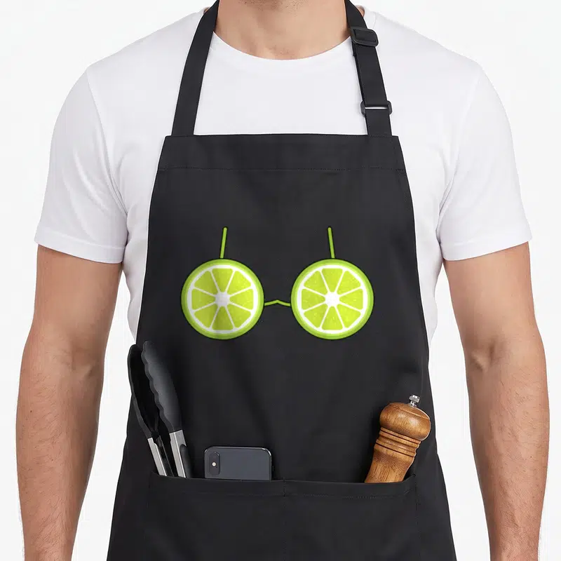 Lime fruit apron - Two green lime slices arranged as a bikini with yellow segments and green straps — shown on a black cotton canvas apron against a white background