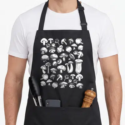 Fungiphile foraging apron - White line-art cluster of various mushroom species scattered across fabric — shown on a black cotton canvas apron against a white background