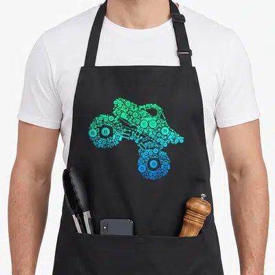 Monster truck aprons for men - Mechanical truck silhouette formed by wrenches and gears in green, teal, and blue — shown on a black cotton canvas apron against a white background