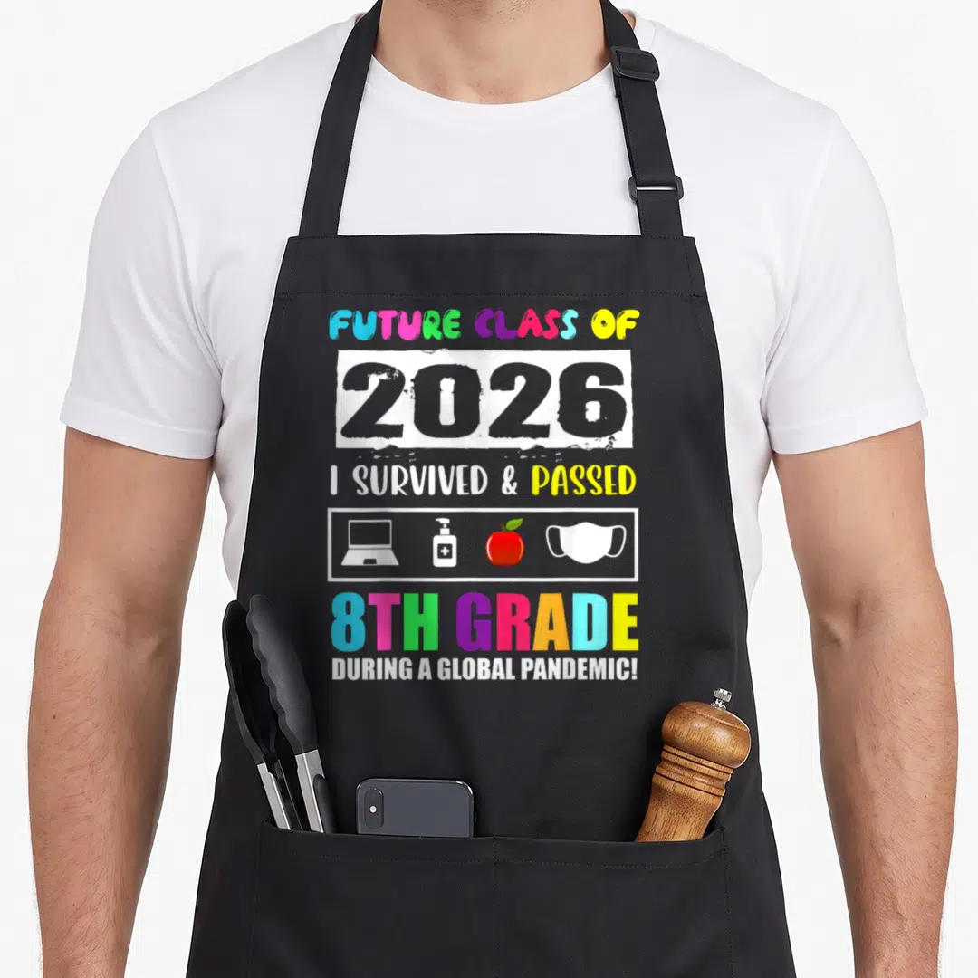 8th student aprons - Future Class of 2026 8th Grade text with laptop sanitizer apple mask icons — shown on a black cotton canvas apron against a white background