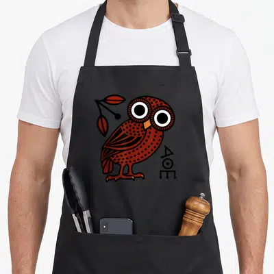 Athenian greek aprons - Cartoon owl in reddish-brown and black with branch and Greek symbol — shown on a black cotton canvas apron against a white background