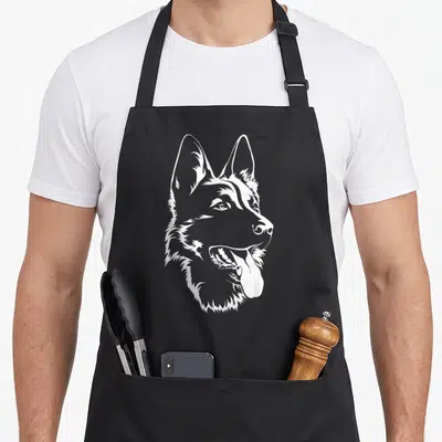 Silhouette dog mom apron - White line art of a German Shepherd head facing right with an open mouth and tongue — shown on a black cotton canvas apron against a white background
