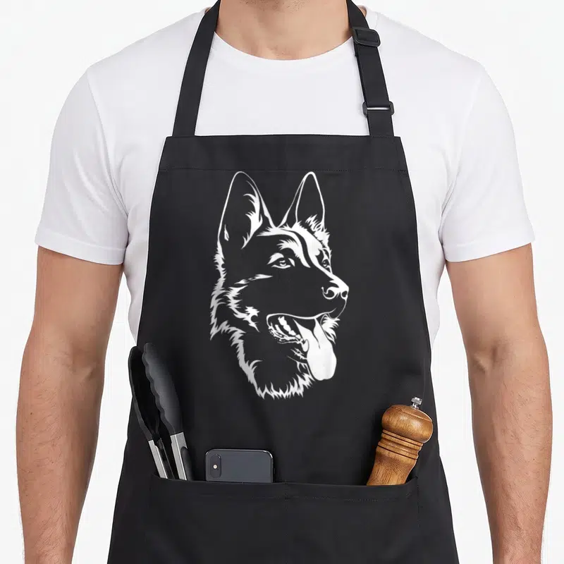 Silhouette dog mom apron - White line art of a German Shepherd head facing right with an open mouth and tongue — shown on a black cotton canvas apron against a white background