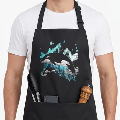 Killer animal apron - Line art of leaping orca and calf in blue and white water splashes — shown on a black cotton canvas apron against a white background