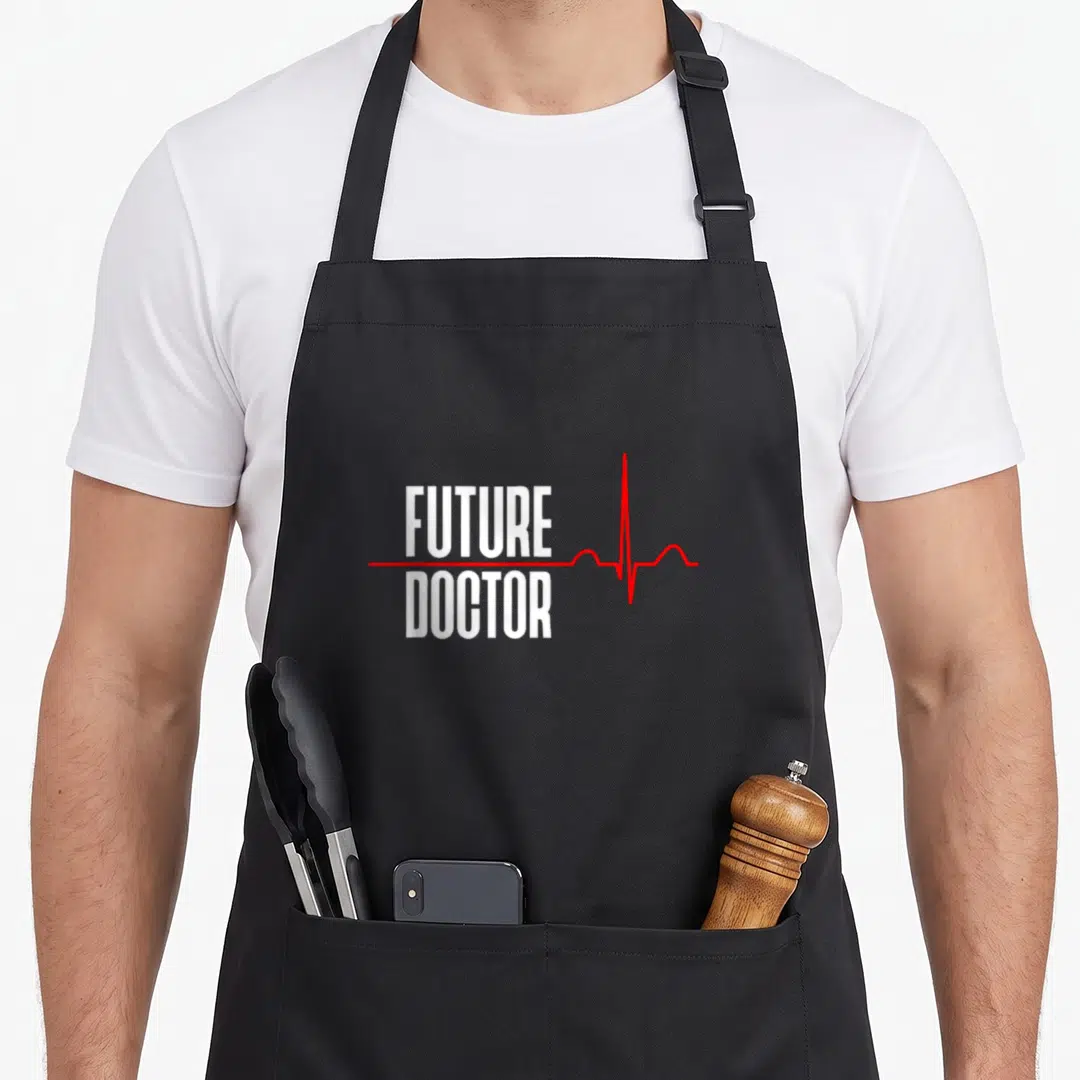 Retro future doctor apron - Stacked white FUTURE DOCTOR text with a red heartbeat line running horizontally across — shown on a black cotton canvas apron against a white background