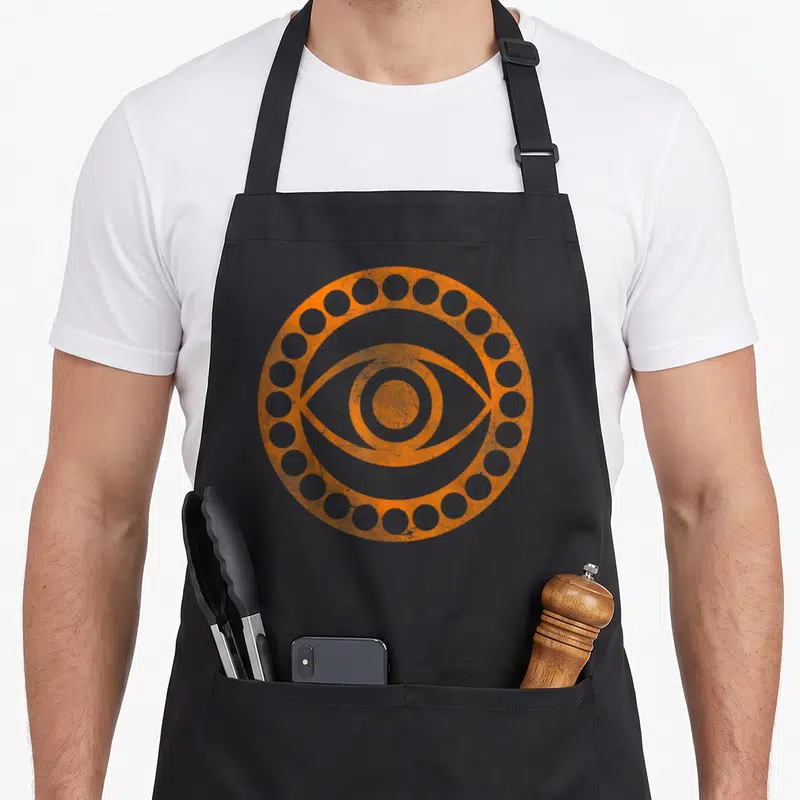 Doctor halloween apron - Stylized orange eye inside a ring with circular cutouts — shown on a black cotton canvas apron against a white background