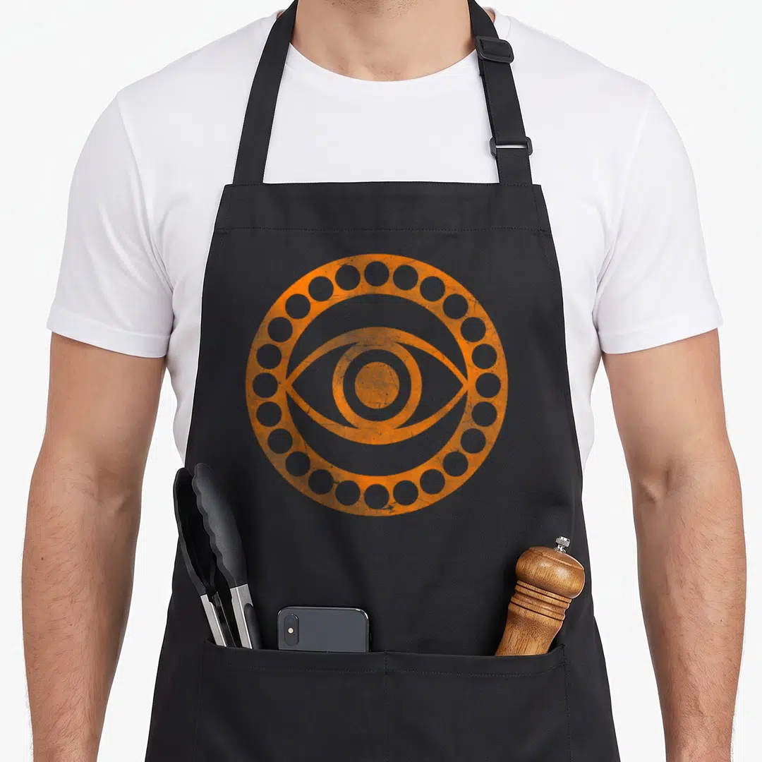 Doctor halloween apron - Stylized orange eye inside a ring with circular cutouts — shown on a black cotton canvas apron against a white background