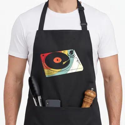 Player turntables and aprons - Retro turntable in red yellow blue grey and white angled view — shown on a black cotton canvas apron against a white background