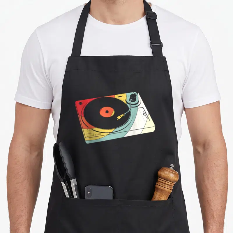 Player turntables and aprons - Retro turntable in red yellow blue grey and white angled view — shown on a black cotton canvas apron against a white background