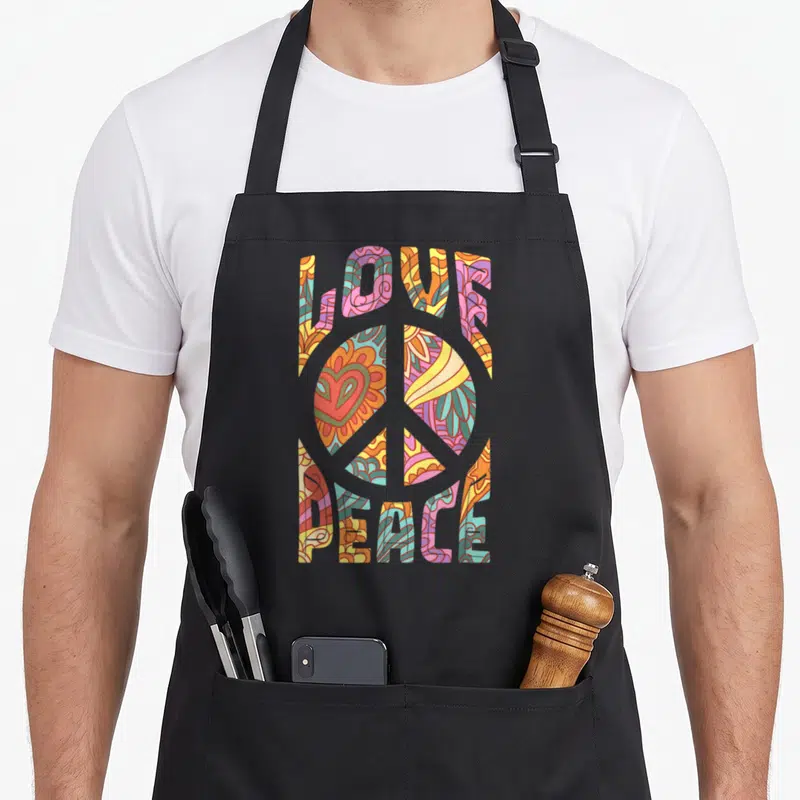 Hippie 60s apron - Retro LOVE and PEACE text surrounding a peace symbol with a heart and floral patterns in orange — shown on a black cotton canvas apron against a white background