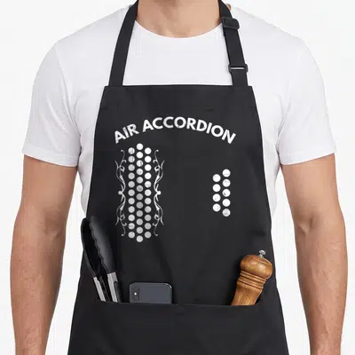 Air accordion apron - Arched distressed text above two clusters of white circles flanked by swirls — shown on a black cotton canvas apron against a white background