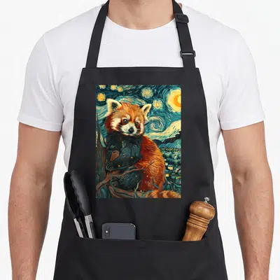 Panda van gogh apron - Red panda sitting on branch against swirling blue starry night sky in watercolor style — shown on a black cotton canvas apron against a white background