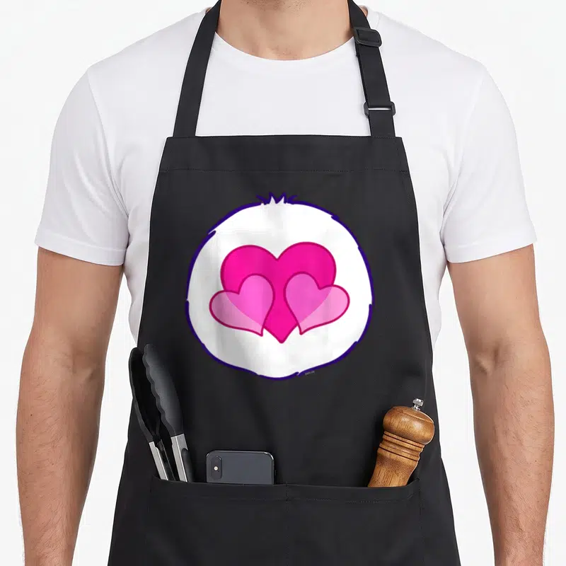 Harmony halloween apron - Three pink hearts in a white circle with a purple outline — shown on a black cotton canvas apron against a white background