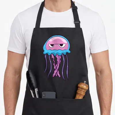 Sea i love my jellyfish apron - Cartoon jellyfish with blue bell, pink dome, and purple tentacles — shown on a black cotton canvas apron against a white background