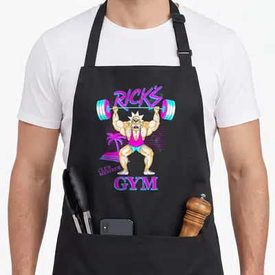 Rick general apron - Rick Sanchez lifting barbell with RICKS CLUB MEMBER GYM text in pink blue tan retro style — shown on a black cotton canvas apron against a white background