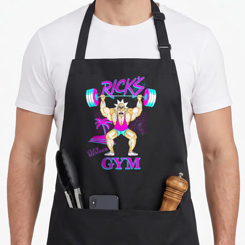 Rick general apron - Rick Sanchez lifting barbell with RICKS CLUB MEMBER GYM text in pink blue tan retro style — shown on a black cotton canvas apron against a white background