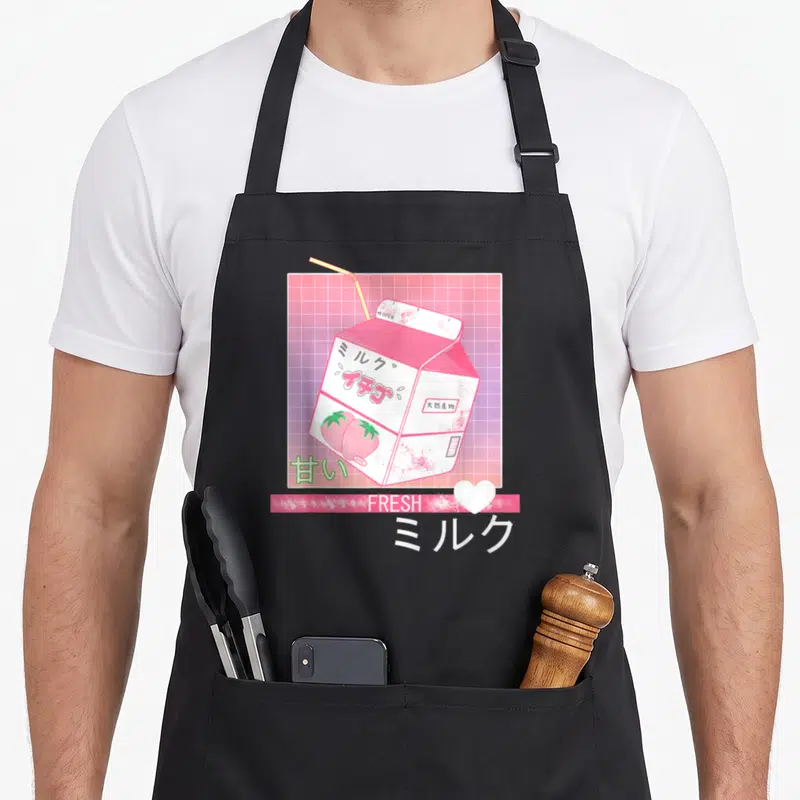 90s milk aprons - Pink strawberry milk carton with Japanese text and heart on grid background — shown on a black cotton canvas apron against a white background