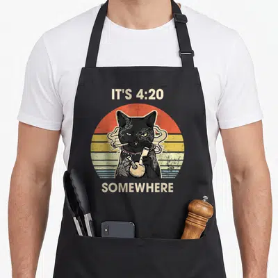 Somewhere smoking apron - Tattooed black cat holding pipe under retro striped sun with beige text — shown on a black cotton canvas apron against a white background