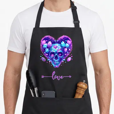 Skull easter apron - Colorful skull with eggs and hearts framed by purple fur, love text on arrow — shown on a black cotton canvas apron against a white background