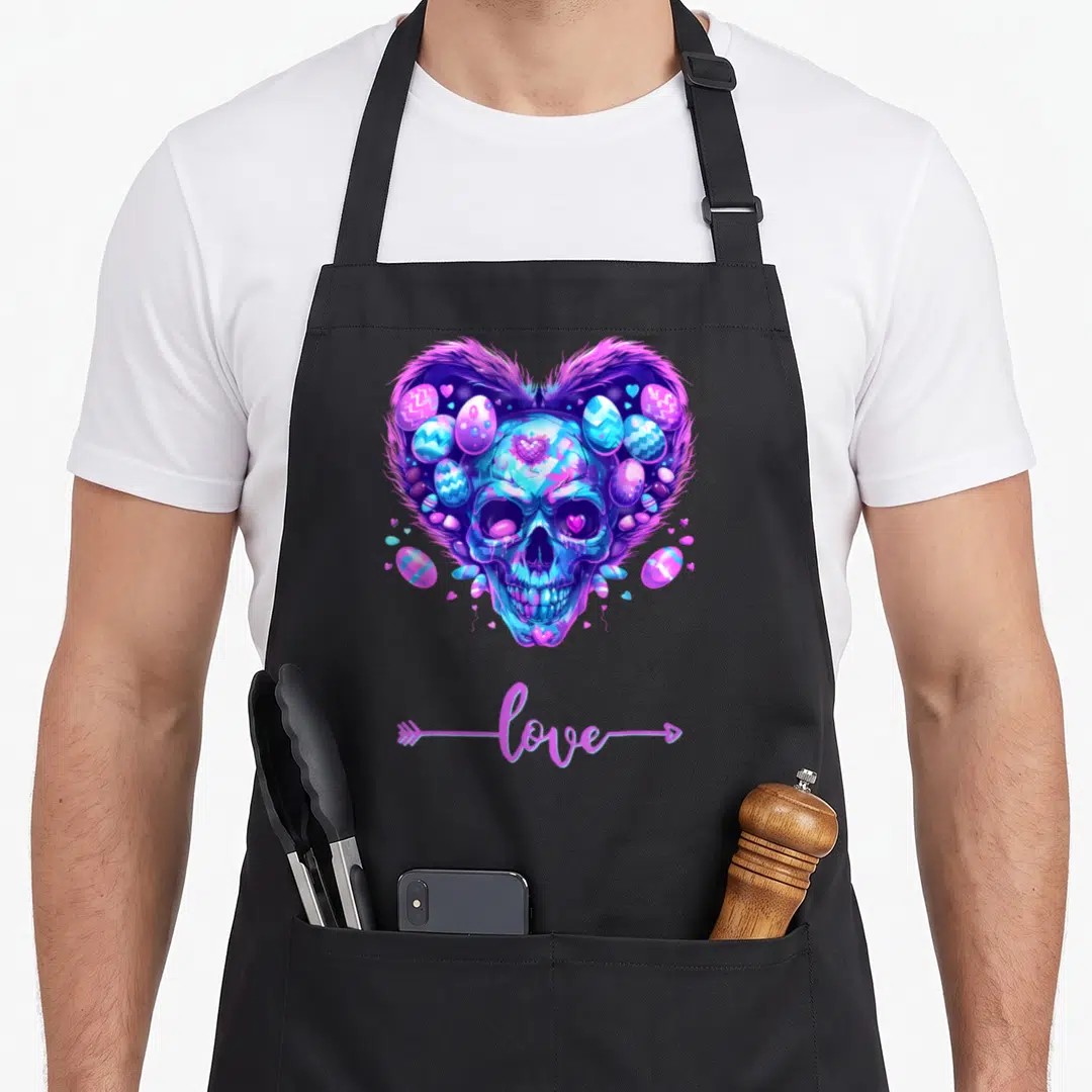 Skull easter apron - Colorful skull with eggs and hearts framed by purple fur, love text on arrow — shown on a black cotton canvas apron against a white background