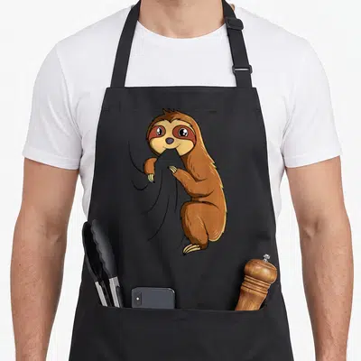 Cool animal sloth apron - Cartoon brown tan sloth clinging to branch with large eyes — shown on a black cotton canvas apron against a white background