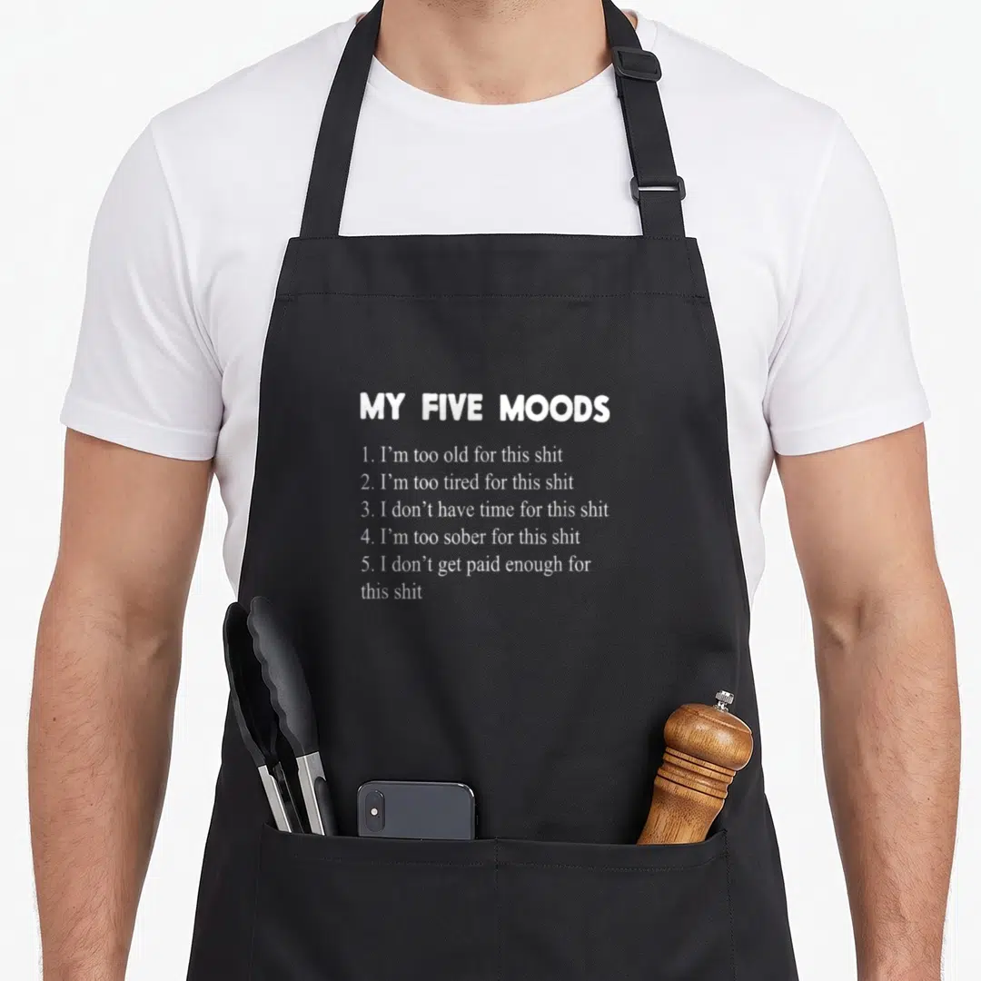 Five snarky aprons - White text reading My Five Moods listing reasons for quitting work — shown on a black cotton canvas apron against a white background