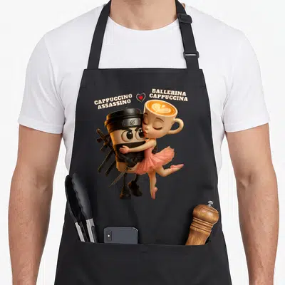 Ballerina cappuccina italian apron - Two anthropomorphic coffee cups embracing with text Cappuccino Assassino — shown on a black cotton canvas apron against a white background