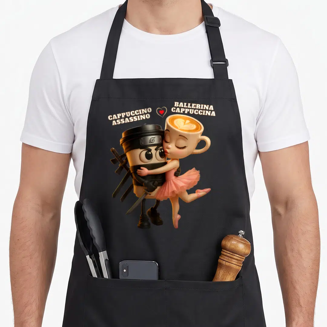 Ballerina cappuccina italian apron - Two anthropomorphic coffee cups embracing with text Cappuccino Assassino — shown on a black cotton canvas apron against a white background