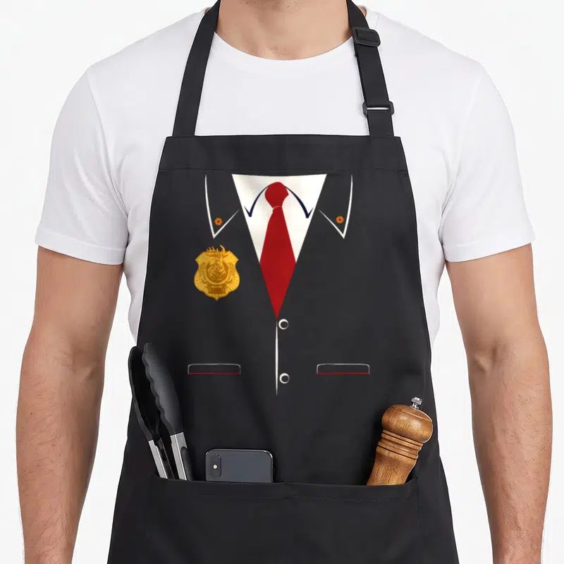 Odd son squad apron - Grey uniform chest with red tie, gold badge, and white collar buttons — shown on a black cotton canvas apron against a white background