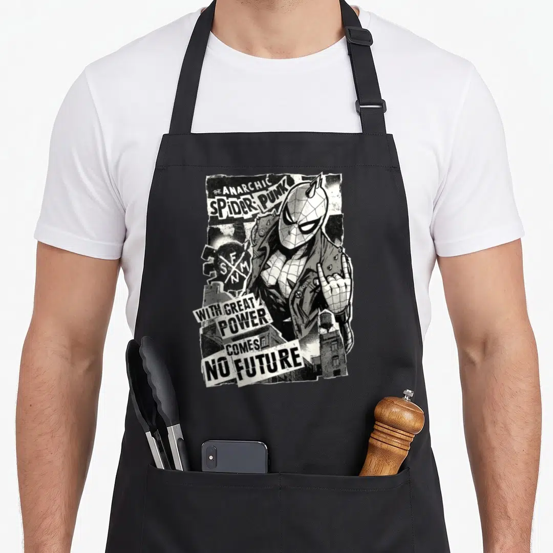 Anarchic animal apron - The Anarchic Spider-Punk With Great Power Comes No Future distressed graphic — shown on a black cotton canvas apron against a white background