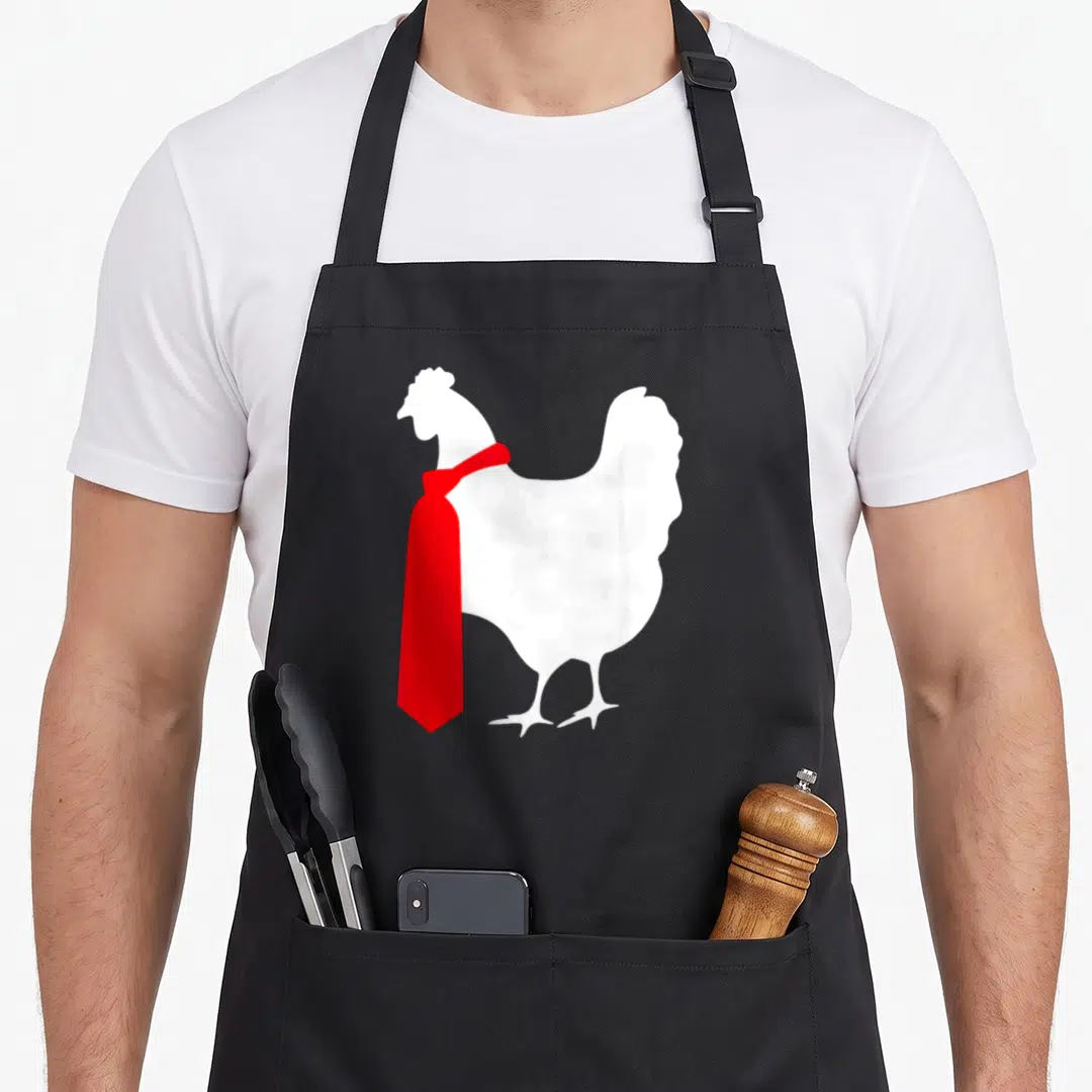 Japanese hen apron - White rooster silhouette facing left wearing a red necktie — shown on a black cotton canvas apron against a white background